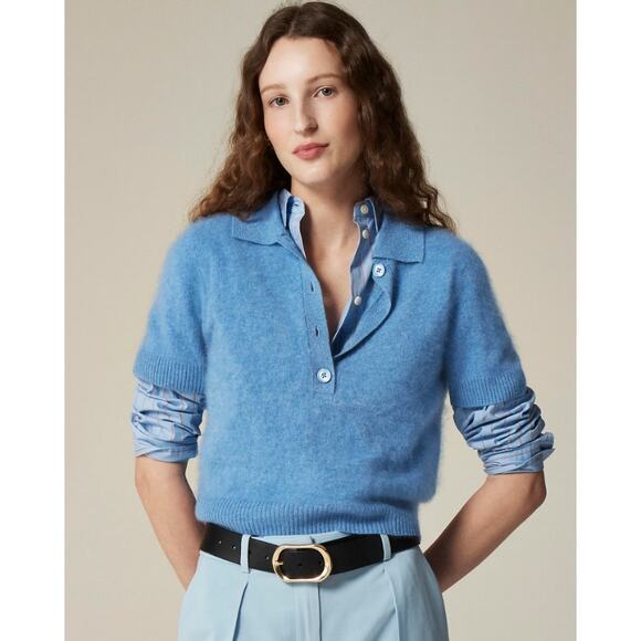 J.Crew Brushed Cashmere Short-Sleeve Sweater-Polo WMNS XS Heather Twilight Fuzzy - Picture 1 of 7